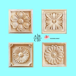 Wood Carved Square Rosette Appliqué, Furniture Onlays - Section 3, Smooth Sanded