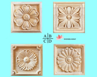 Wood Carved Square Rosette Appliqué, Furniture Onlays - Section 3, Smooth Sanded