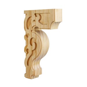 Puede incluir: Un corbel de madera con un diseño decorativo y ornamentado. El corbel está hecho de madera de color claro y tiene una forma curva.