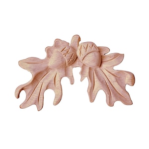 PAIR of Wood Carved Small Acorn Leaf Appliques, Furniture Onlays, 3-1/4"Wx2"H