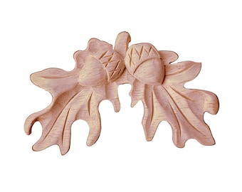 PAIR of Wood Carved Small Acorn Leaf Appliques, Furniture Onlays, 3-1/4&quot;Wx2&quot;H