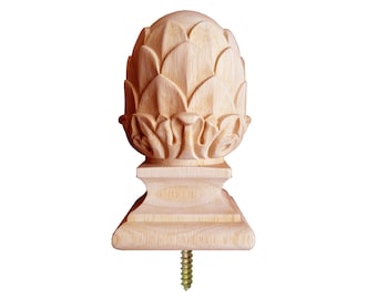 Par de remates de madera tallados en forma de piña con base cuadrada, de 5-1/4" de alto, para postes.