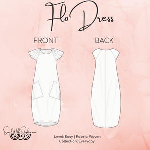 May include: Line drawing of the "Flo Dress" pattern, showing front and back views. The front view features a dress with short, ruffled sleeves and two large pockets. The back view shows a simple, flowing design. Text includes "Sew With Stephanie", "Level: Easy", and "Collection: Everyday".