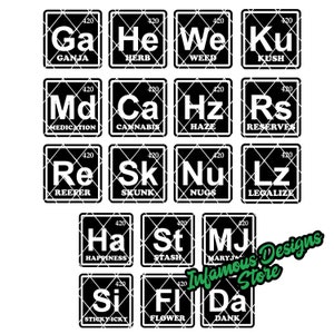 Pode incluir: Design gráfico em preto e branco de 15 quadrados com as letras Ga, He, We, Ku, Md, Ca, Hz, Rs, Re, Sk, Nu, Lz, Ha, St, MJ, Si, FI e Da em cada quadrado. Os números 420 estão no canto superior direito de cada quadrado. As palavras Ganja, Herb, Weed, Kush, Medication, Cannabis, Haze, Reserves, Reefer, Skunk, Nugs, Legalize, Happiness, Stash, MaryJ, Sticky-Icky, Flower e Dank estão abaixo das letras em cada quadrado.