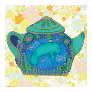 May include: A blue teapot with a manatee design. The teapot is decorated with green lily pads, blue water, and small fish. The teapot is on a floral background.