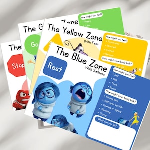 May include: A stack of educational cards featuring characters and themes from the animated movie "Inside Out." The cards are color-coded and labeled with phrases like "The Yellow Zone" and "The Blue Zone," with text describing feelings and body language.