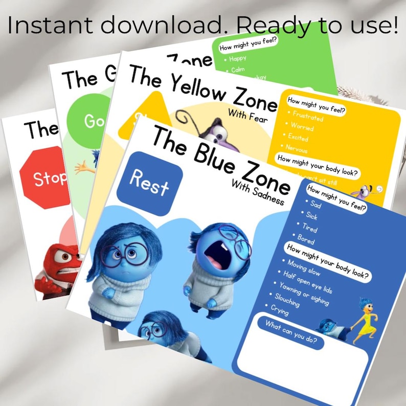 May include: A collection of educational printable charts with text and illustrations. The charts include titles like "The Blue Zone," "The Yellow Zone," and "The Green Zone." The charts feature characters and text such as "How might you feel?" and "What can you do?"
