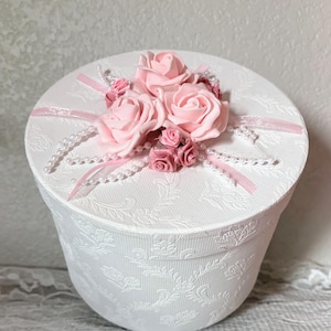 Pretty Pink/White Paper Mache Decorated Box Gift - Keepsake. Shabby Chic, French Country, Farmhouse Cottage Style Home Decor