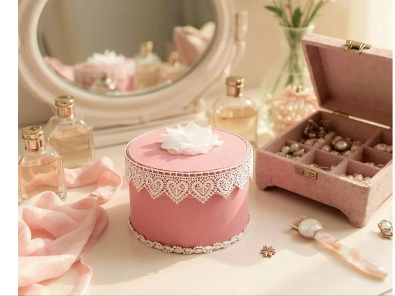 May include: A pink round box with white lace trim and a white flower on top. The box is surrounded by perfume bottles, a jewelry box, and a vanity mirror, creating a vintage aesthetic.