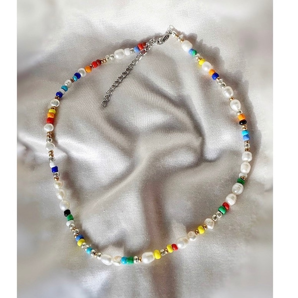 Colorful freshwater pearl necklace, eco friendly necklace, pearl necklace, beaded choker,  adjustable