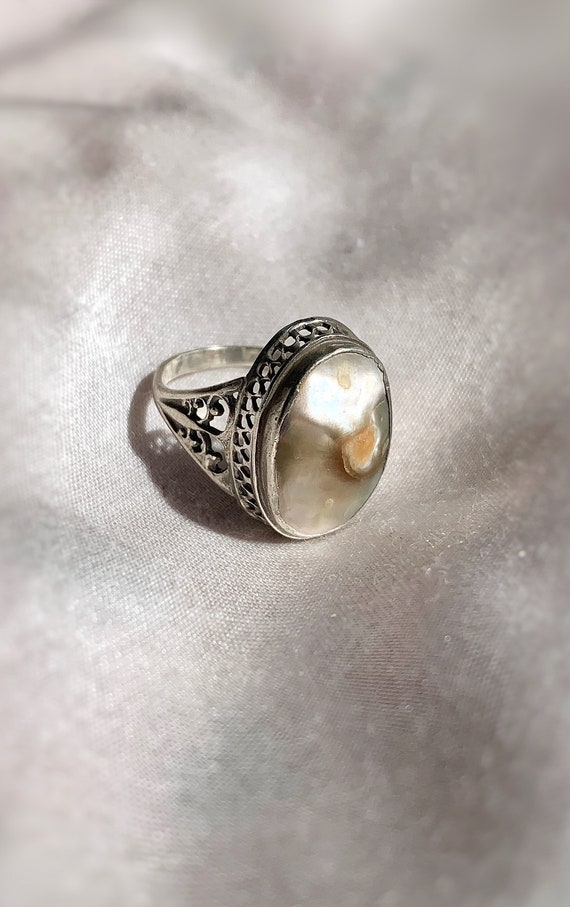 Baroque pearl ring, Antique Abalone blister ring e