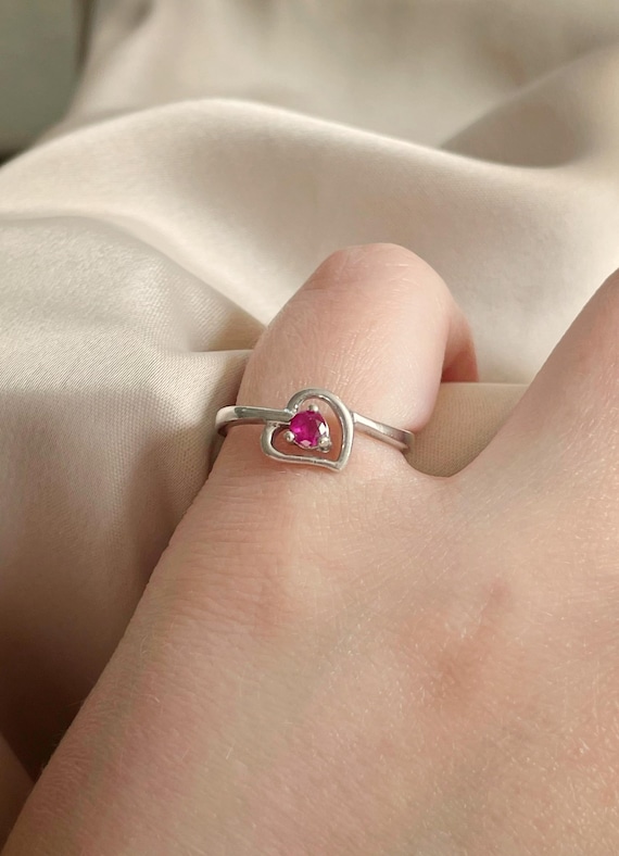 Sterling Silver Heart Ring with Lab-Created Ruby … - image 1
