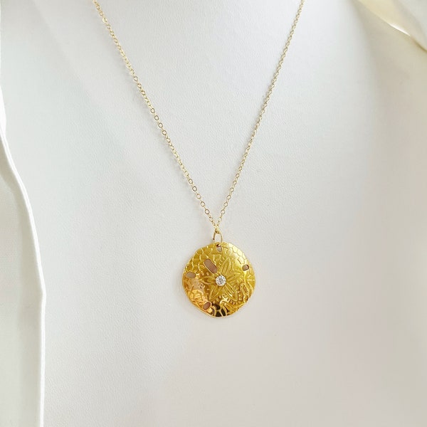 Sand dollar charm necklace 14k gold plated diamond necklace choker sand dollar jewelry gift for her
