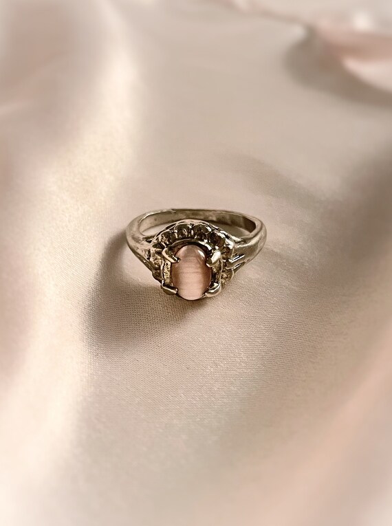 Pink catseye ring, silver tone Victorian style rin