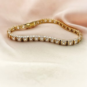 Sterling silver tennis bracelet, cubic zirconia gold tone overlay bracelet, princess cut tennis bracelet