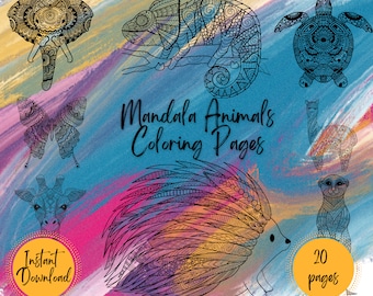 Mandala Animals Adult Coloring Book - 20 Pages Instant Download for Printing and Coloring - Boredom Buster, Great for waiting Rooms
