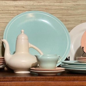 MCM California Colorware, El Patio by Franciscan of California dinnerware in matte glazes of Turquoise, Coral, and Ivory