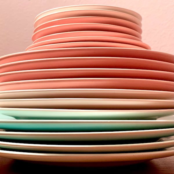 MCM California Colorware, El Patio by Franciscan of California dinnerware in matte glazes of Turquoise, Coral, and Ivory