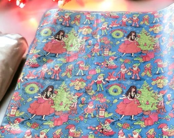 Vintage Swedish Christmas tomte elves gnomes gift wrap crafting paper. 26” x 12”. NOS, Artist signed. Sold by the foot.