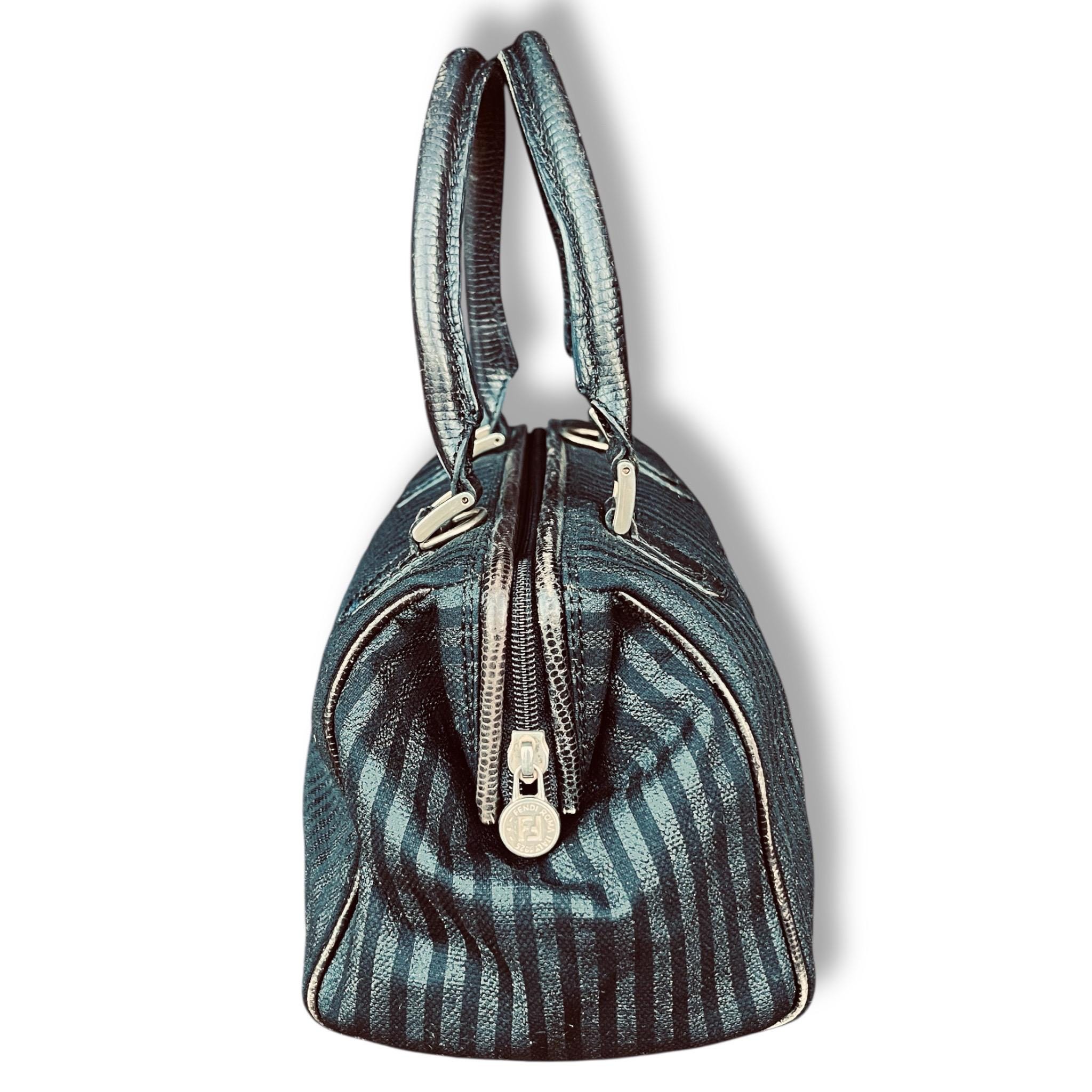 80s Fendi Mini Boston Bag: Black/grey Pequin Striped Coated Canvas