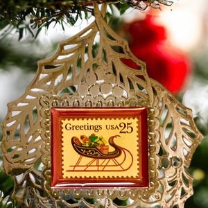 Vintage limited edition SA/1,000C 1st in series Christmas 1989 USPS stamp tree ornament in original box with paperwork