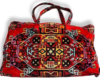 Vintage Kilim Style Duffle Bag: Red Geometric Carpet Bag