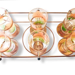 Vintage Brass Tipsy Tim drink caddy with pink yellow green gradient fade floral Federal Glass tumbler set.