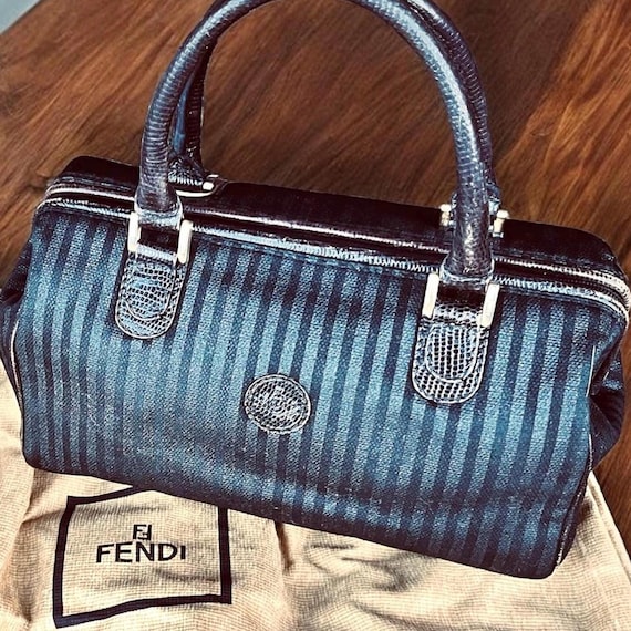 80s Fendi mini Boston Bag: Black/Grey Pequin striped coated canvas, Black snake stamped leather and Gold tone accents. IOB