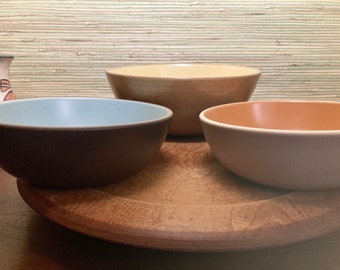 Vintage Heath Ceramics coupe bowls. Rare 1950’s Gold/Apricot glaze, archived French Grey/Persimon, & Aqua/Chocolate Brown