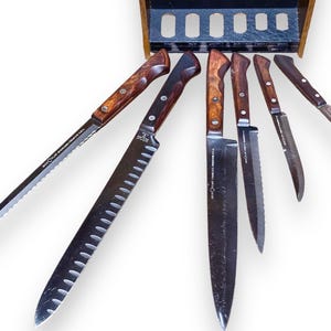 Vintage Ekco Flint Arrowhead Knife Set: Rosewood Handles, Walnut Box