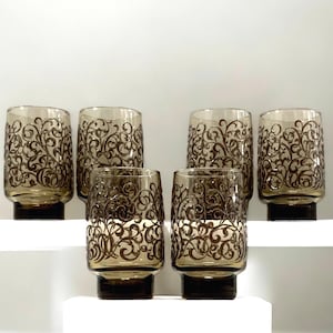 Vintage ‘70’s brown smokey empire scrolled Prado glasses by Libbey Glass Works
