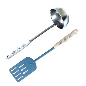 MCM Ekco, USA kitchen tools in Carousel Blue Dutch Tulip. Chromium & rare Turquoise enamel plated Stainless Steel bodies