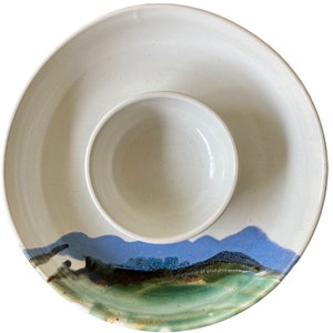 Vintage attached chip & dip platter by Wendt Pottery of Idaho in White Mountain Glaze