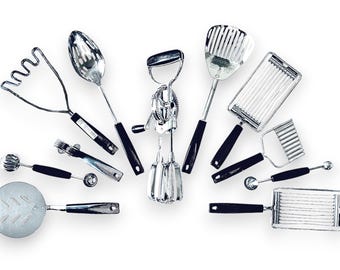 Vintage Ekco MCM Kitchen Utensils: Stainless Steel with Black Nylon Handles