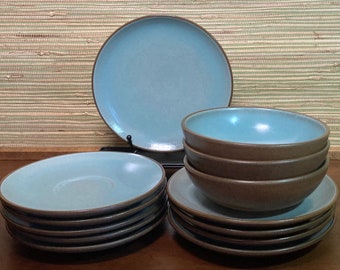 Vintage Heath Coupe dinnerware in rare Turquoise/Nutmeg glaze. Saucers, bread plates, & dessert bowls sold separately.