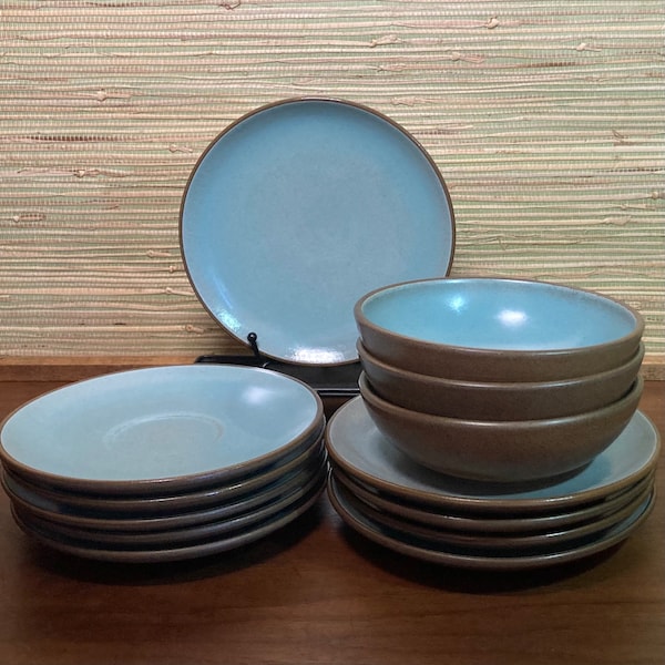 Vintage Heath Coupe dinnerware in rare Turquoise/Nutmeg glaze. Saucers, bread plates, & dessert bowls sold separately.