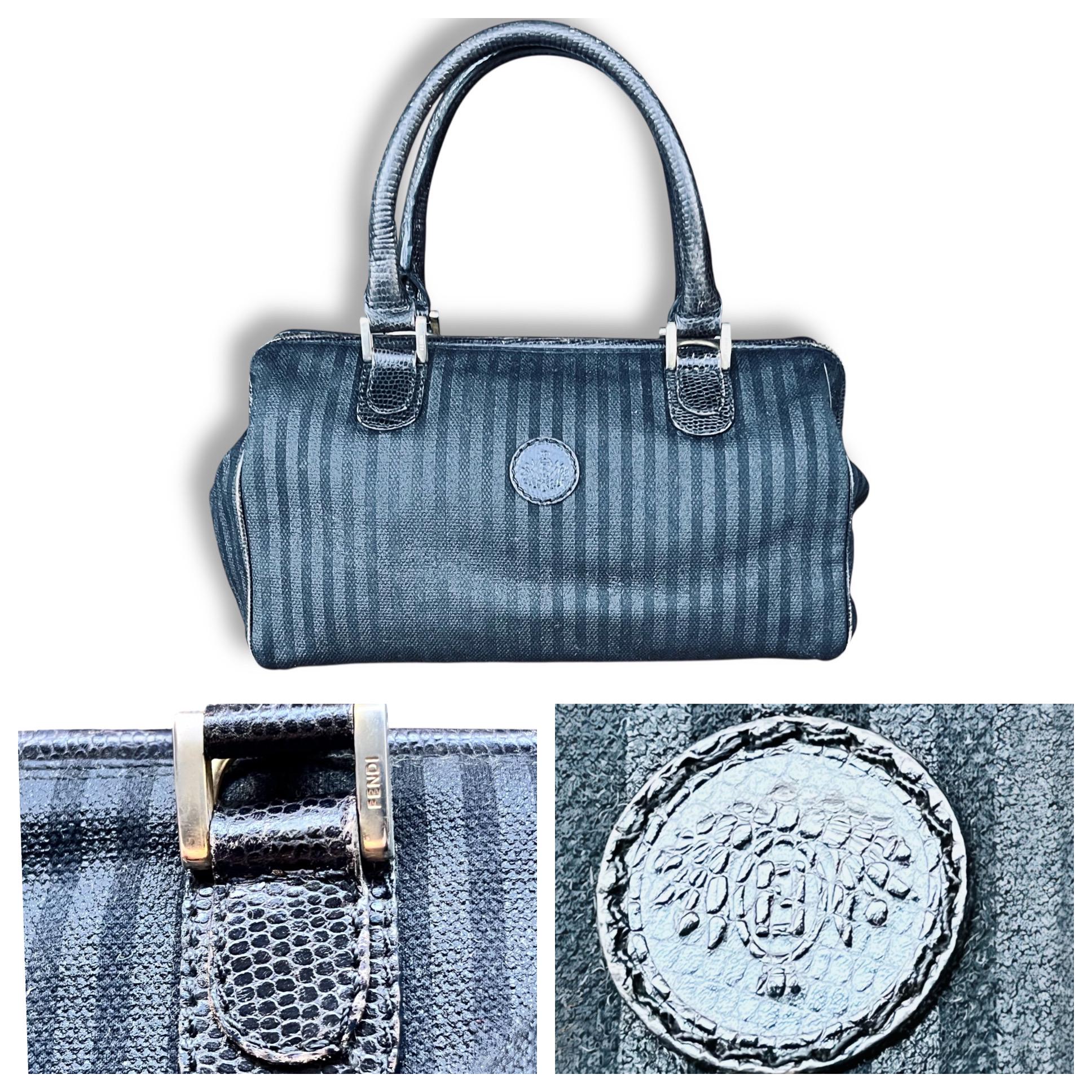 80s Fendi Mini Boston Bag: Black/grey Pequin Striped Coated Canvas
