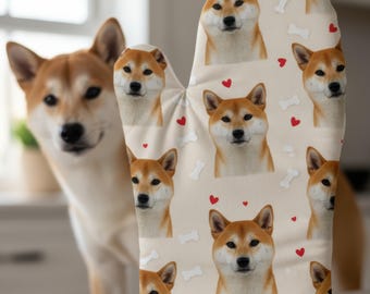 Mitaine de cuisine personnalisée avec photo pour animal de compagnie | Cadeau de cuisine personnalisé tête de chien pour maman | Gant de boulanger drôle de chat | Support pour pot à motif coeurs et os