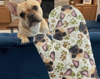 Custom Pet Photo Oven Mitt with Name | French Bulldog Mom Gift | Paw Print Pattern Kitchen Decor | Personalized Dog Face Pot Holder