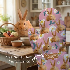 Bunny Mom Gift | Custom Pet Photo Oven Mitt | Pink Daisy Floral Kitchen Decor | Personalized Rabbit Lover Present | Easter Baking