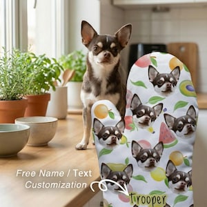 Regalo para amantes de los chihuahuas / Manopla de horno con foto personalizada para mascotas / Decoración de cocina con estampado de frutas tropicales / Regalo personalizado para mamá de perro pequeño