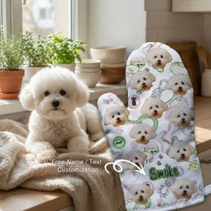 Bichon Frise Geschenk | Hundespielzeug Doodle Muster | Benutzerdefinierte Haustier Foto Ofenhandschuh | Personalisierte Pudel Baker Handschuh | Weißer Hund