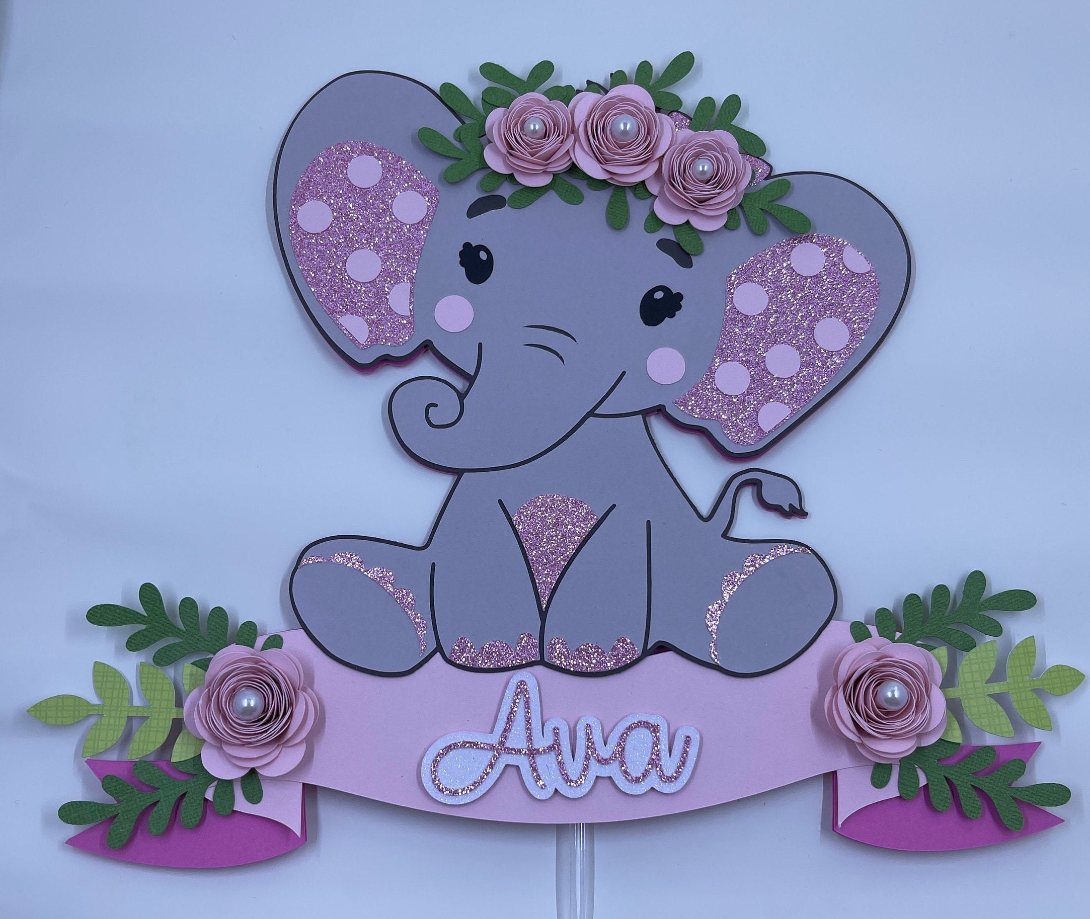 Baby Elephant Cake Topper Customize Name Cake Topper Girl Etsy