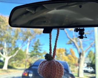 Puede incluir: Un pequeño adorno de calabaza de ganchillo en color melocotón claro colgado del espejo retrovisor. La calabaza presenta una superficie texturizada y acanalada con un pequeño tallo de ganchillo verde oscuro en la parte superior, sujeto por un lazo.