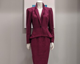 US 8/M 80s Rose et Noir Peplum Veste Crayon Jupe Laine Houndstooth Ensemble de costumes pour femmes