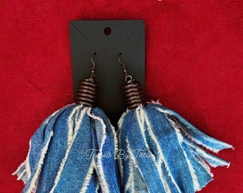 Denim Fringe Tassels & Hoops(color or texture of denim color may slightly vary)