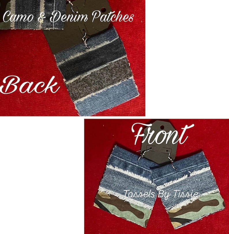 May include: A pair of denim and camo earrings with a frayed edge. The back of the earrings are made of denim with a brown stripe. The front of the earrings are made of denim with a camo fabric underneath. The earrings are labeled "Tassels By Tisse".