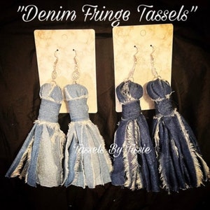 Denim Fringe Tassels & Hoops(color or texture of denim color may slightly vary)