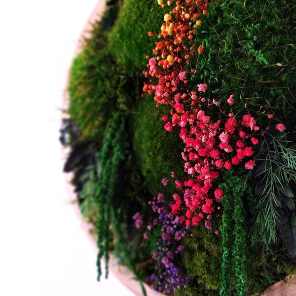 Colorful round moss wall | Modular moss wall | Circle shaped wall decor with preserved moss and flowers | Maintenance free vertical garden