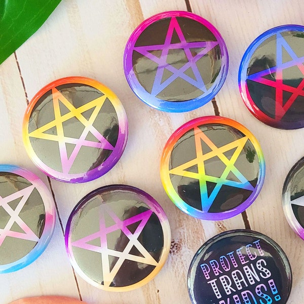 Pride Pentacles - 1.5in Metal Buttons - LGBTQ Pride - Lesbian - Rainbow - Bi - Pagan - Witches - Queer - Trans - Ace - Pan - Non binary